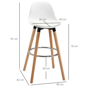 Juego de 2 Taburetes de Bar Tapizado en PU Taburetes Altos de Cocina con Asiento 70 cm de Altura Patas de Madera para Cocina Comedor 40x42x91 cm Blanco