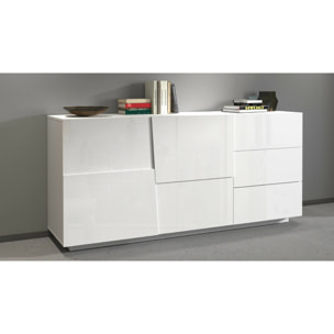 Credenza Ddalessi, Buffet da soggiorno, Madia da salotto con 2 ante e 3 cassetti, 180x44h86 cm, Bianco lucido