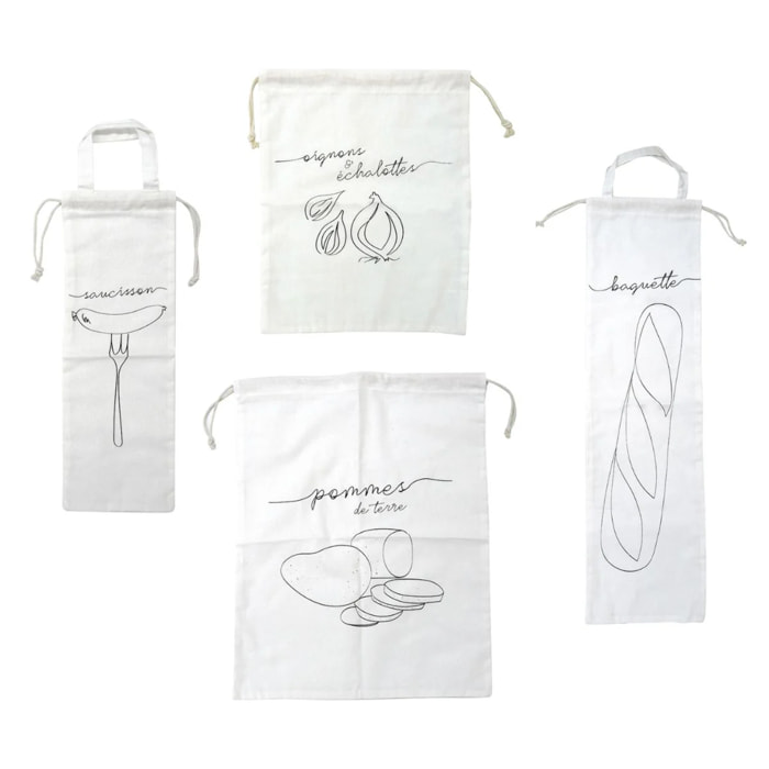 Set de 4 sacs de conservation en coton pour baguette, oignons, pommes de terre et saucisson Fackelmann Eco Friendly