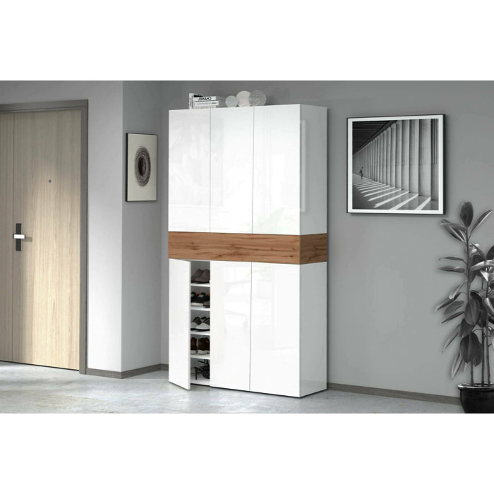 Scarpiera Charoite, Porta scarpe salvaspazio a 7 ante, Armadio multifunzione da ingresso, 114x35h200 cm, Bianco e Rovere