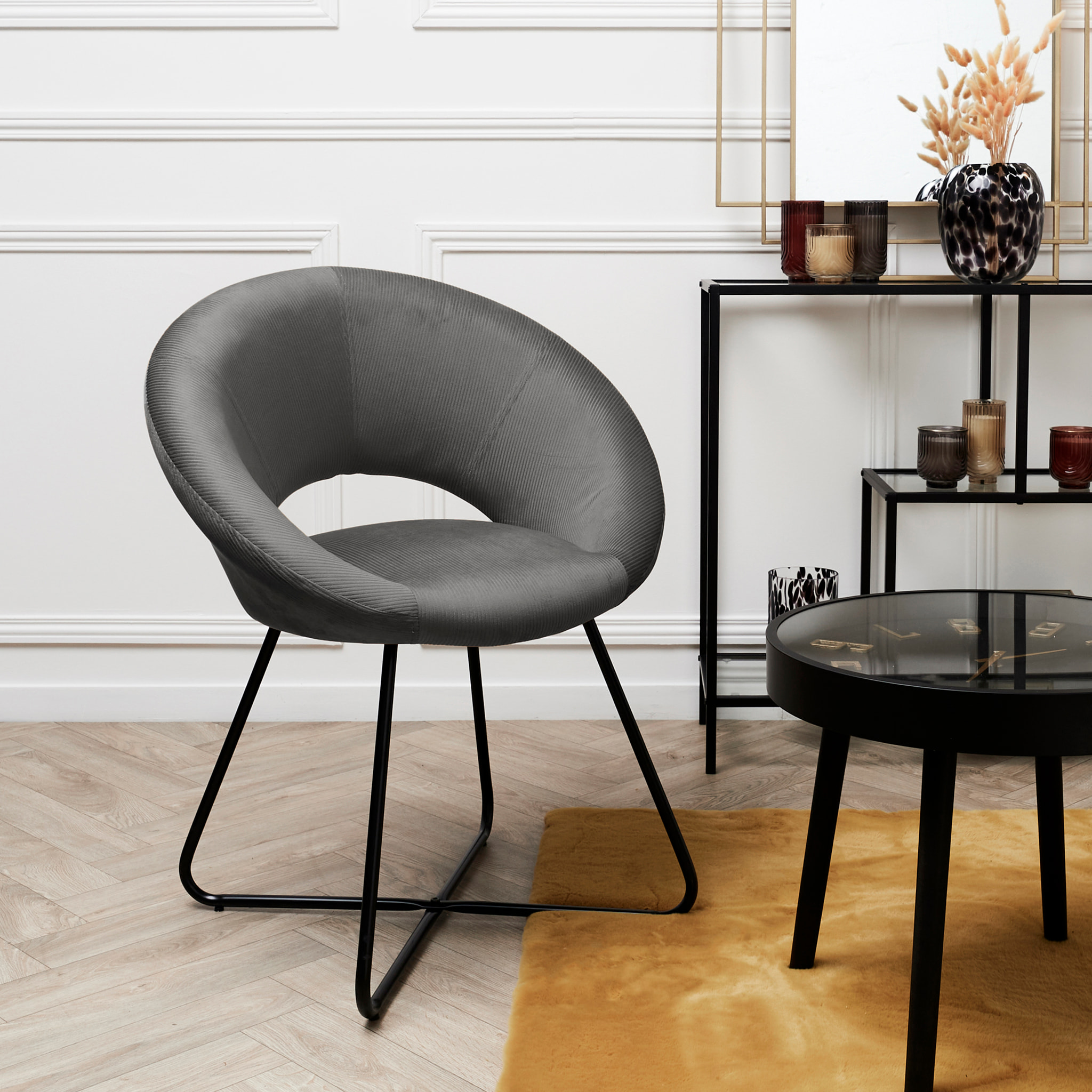 Fauteuil Rond Velours Cotele Giulia Gris