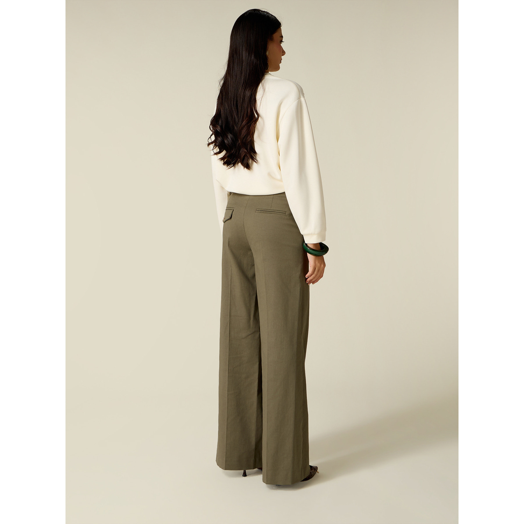 Oltre - Pantalones palazzo de sarga mezcla de algodón - Verde militare