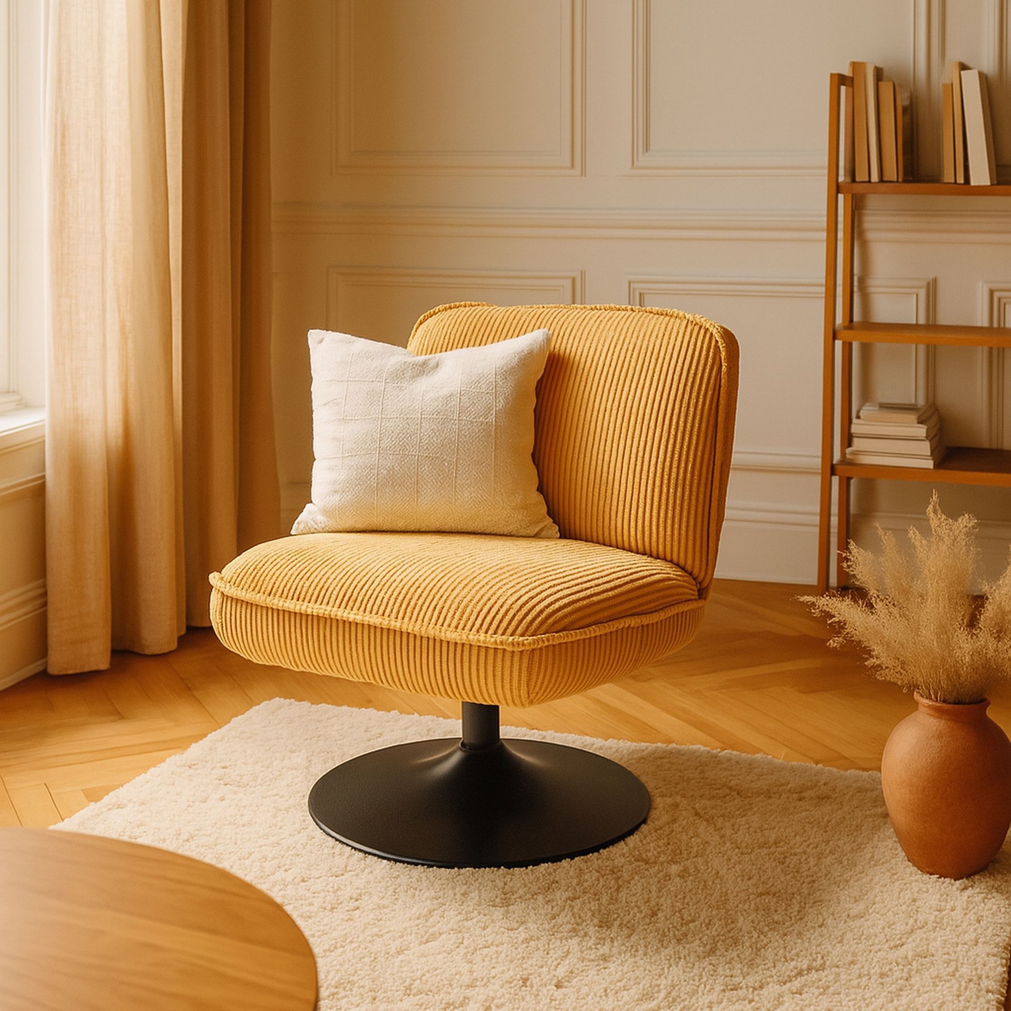 Fauteuil pivotant en velours jaune et pied en métal noir FUNKY