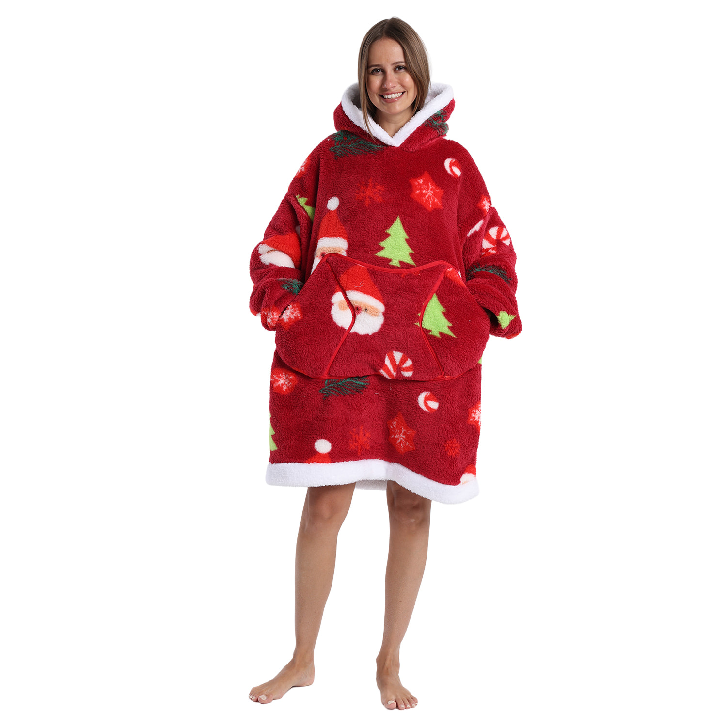 Bata estilo sudadera y manta de felpa extrasuave. Triple bolsillo frontal tipo canguro. Diseño navideño tipo corto.