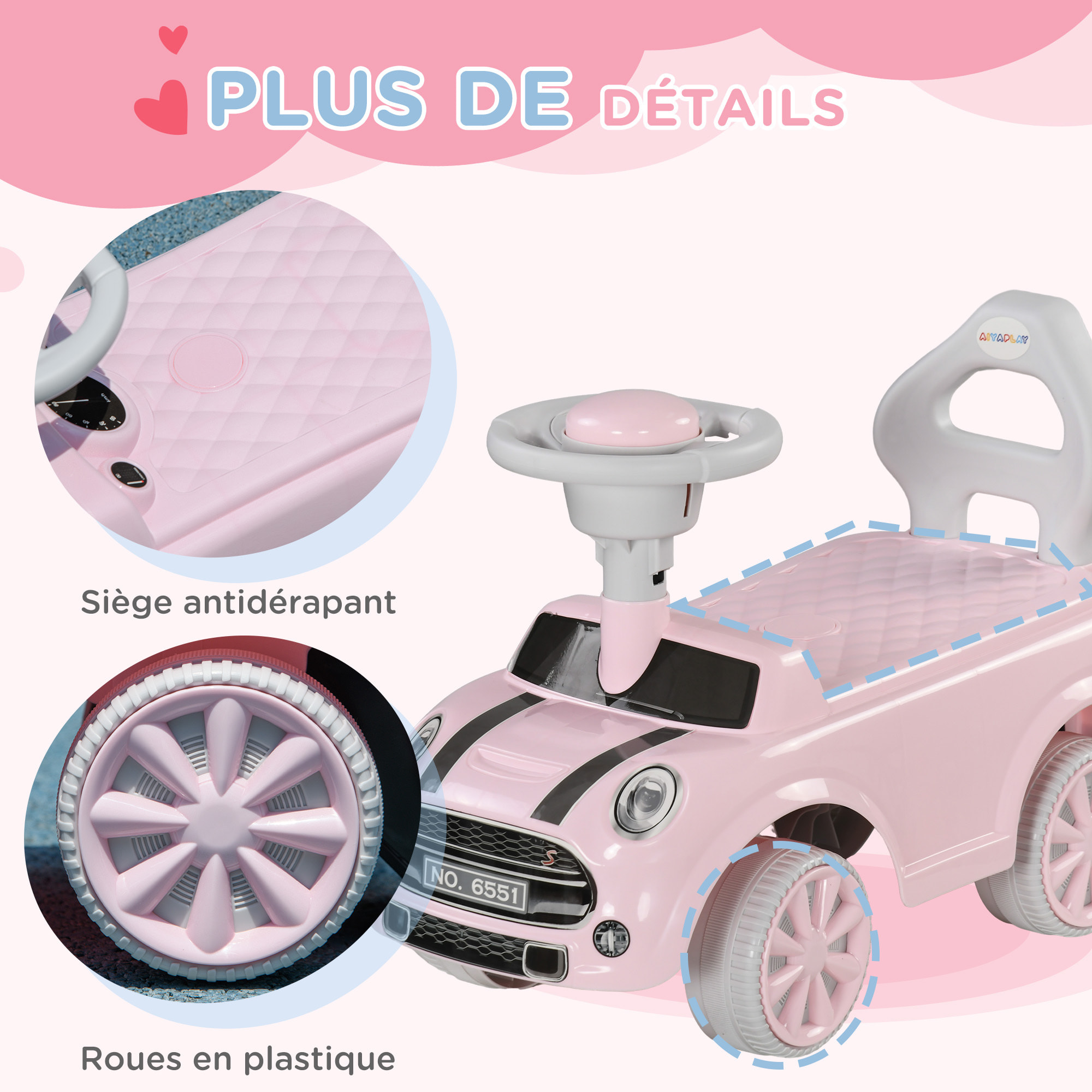 Porteur enfants 18-36 Mois volant klaxon et butée anti-bascule 53x25x35 cm rose