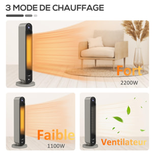 Chauffage soufflant oscillant 1100/2200 W - mini radiateur céramique PTC - télécommande incluse - chauffage d'appoint gris noir