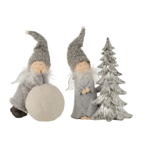 J-Line figurine de Noël Ange Boule + Arbre - polyrésine - gris - large - 2 pcs