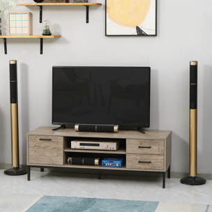 Meuble TV banc TV design industriel - porte, 2 tiroirs, 2 niches - piètement acier noir - aspect bois gris