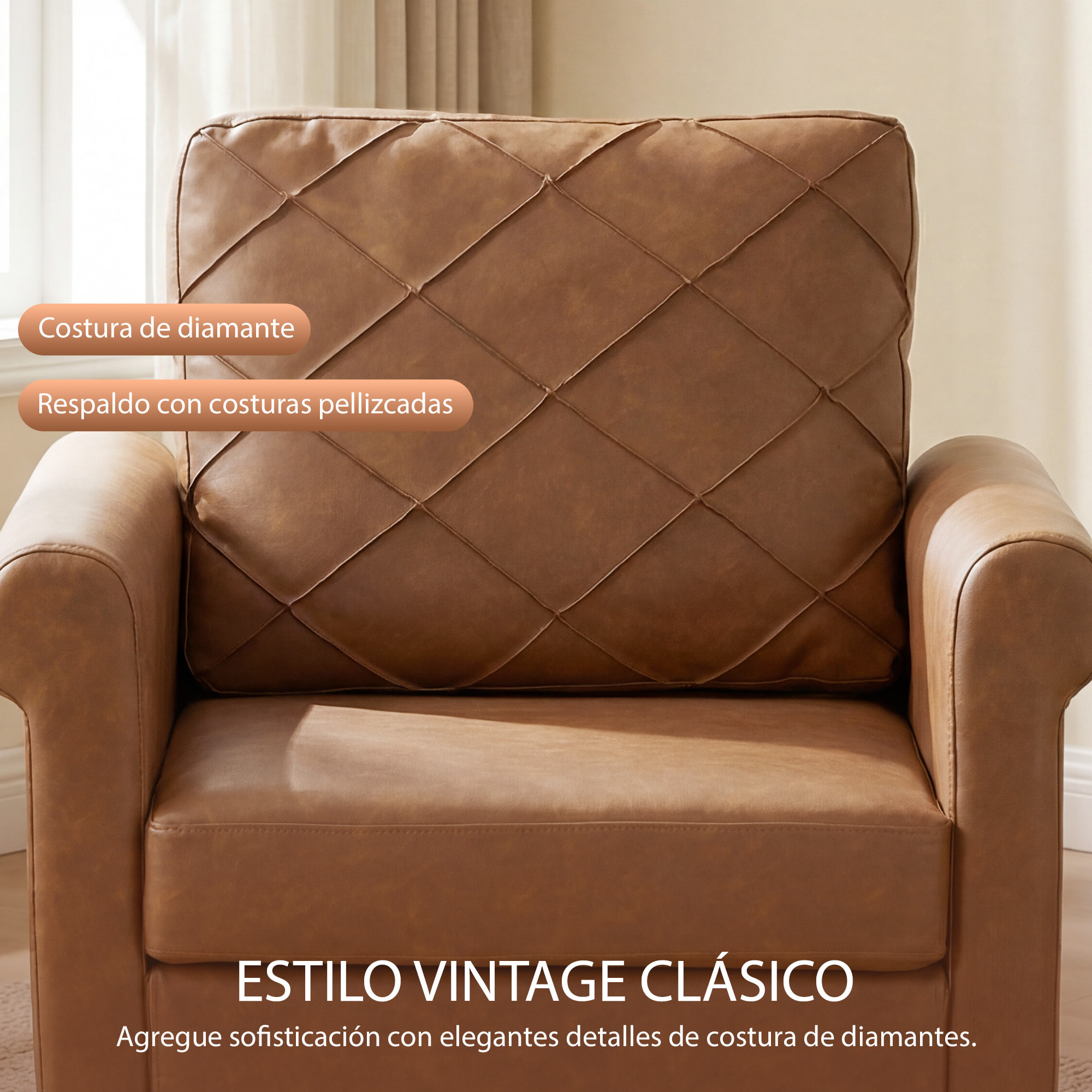 Sillón Relax, Sofá Individual, Tapizado en PU, Cojín Grueso, Respaldo con Costuras, Asiento Amplio, Patas de Madera Maciza para Salón, Dormitorio y Oficina, 82x71x84 cm, Marrón