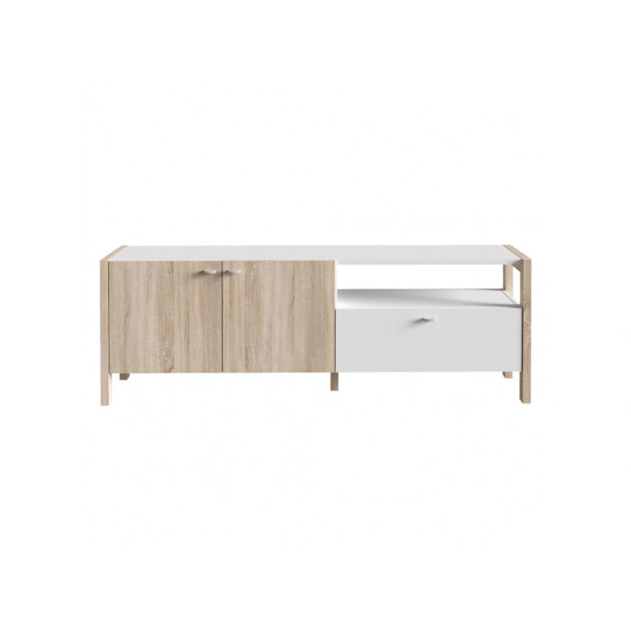 Meuble TV moderne en bois effet chêne et blanc avec rangements - VIK