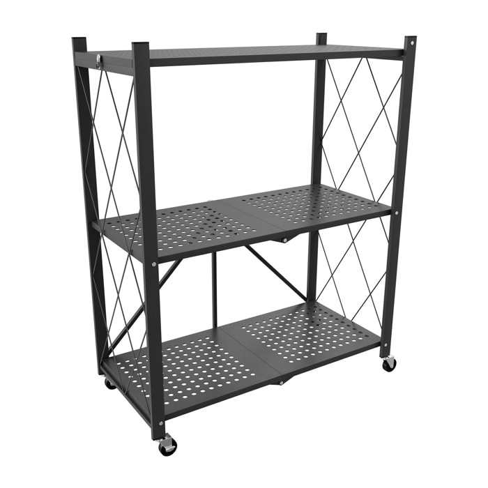 Smithers - Scaffale Carrello Pieghevole Salvaspazio 72x90x33,5 cm 3 Ripiani Richiudibile in Metallo Nero