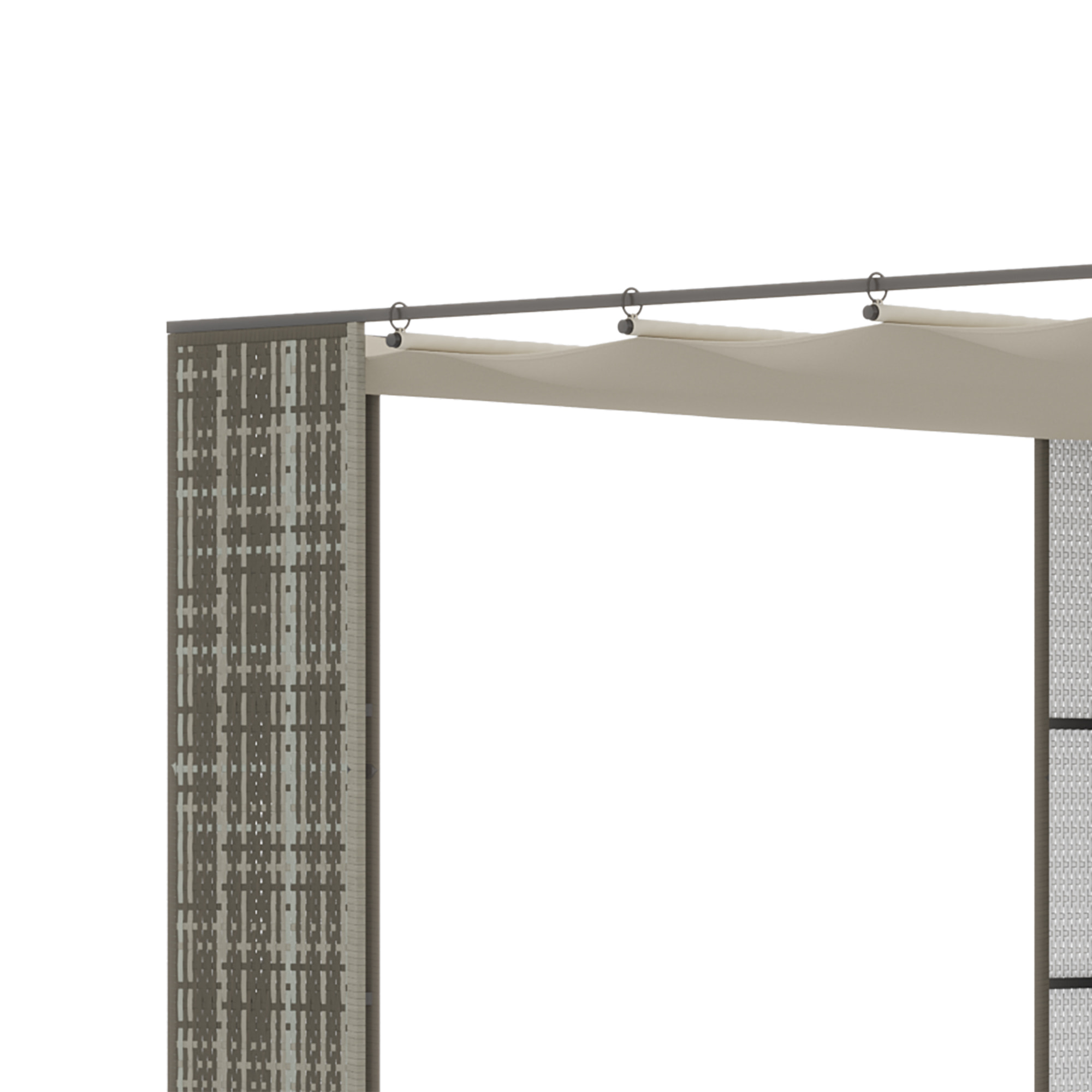 Pergola rétractable style colonial dim. 2,98L x 2,98l x 2H m métal époxy anticorrosion résine tressée grise toile polyester haute densité 180 g/m² crème