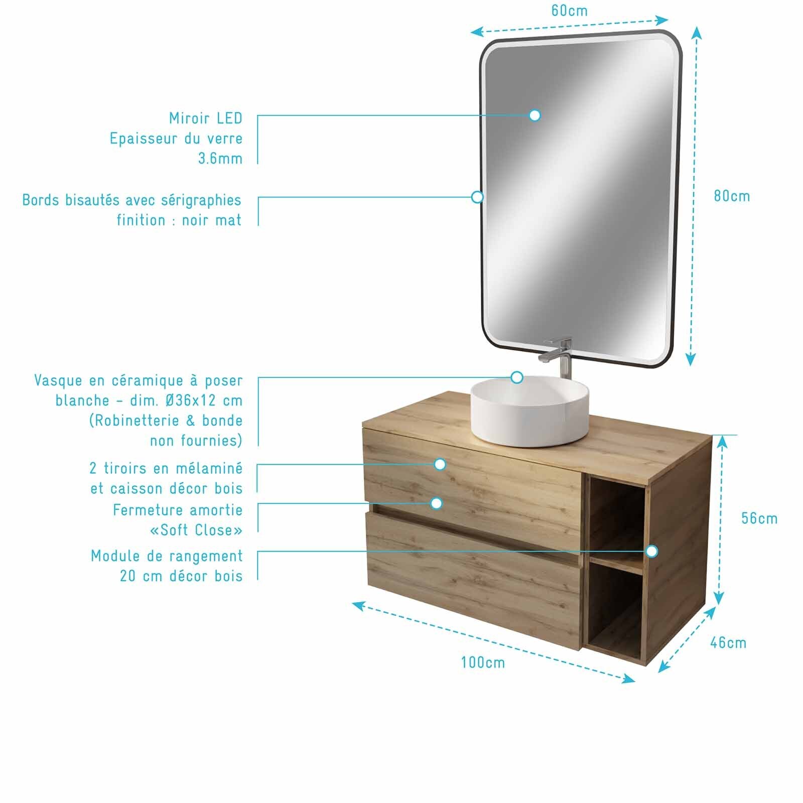 Meuble salle de bains 100 TIMBER Décor Chêne 2 Tiroirs, Vasque Blanche, Miroir 60x80 LED bord Noir