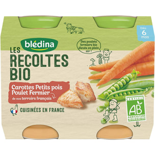 6x2 Petits Pots Carottes, Petits Pois et Poulet - Bledina Les Recoltes Bio - Dès 6 mois