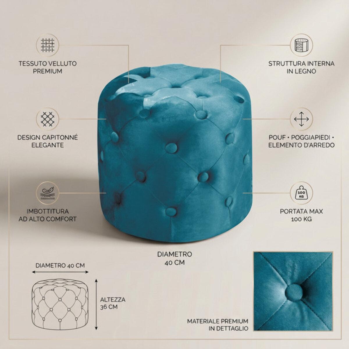 Pouf Poggiapiedi in Velluto Capitonné, Pouf Contenitore Design Moderno, Seduta Imbottita Multiuso per Soggiorno Camera da Letto Living, Complemento d’Arredo Elegante Stile Contemporaneo