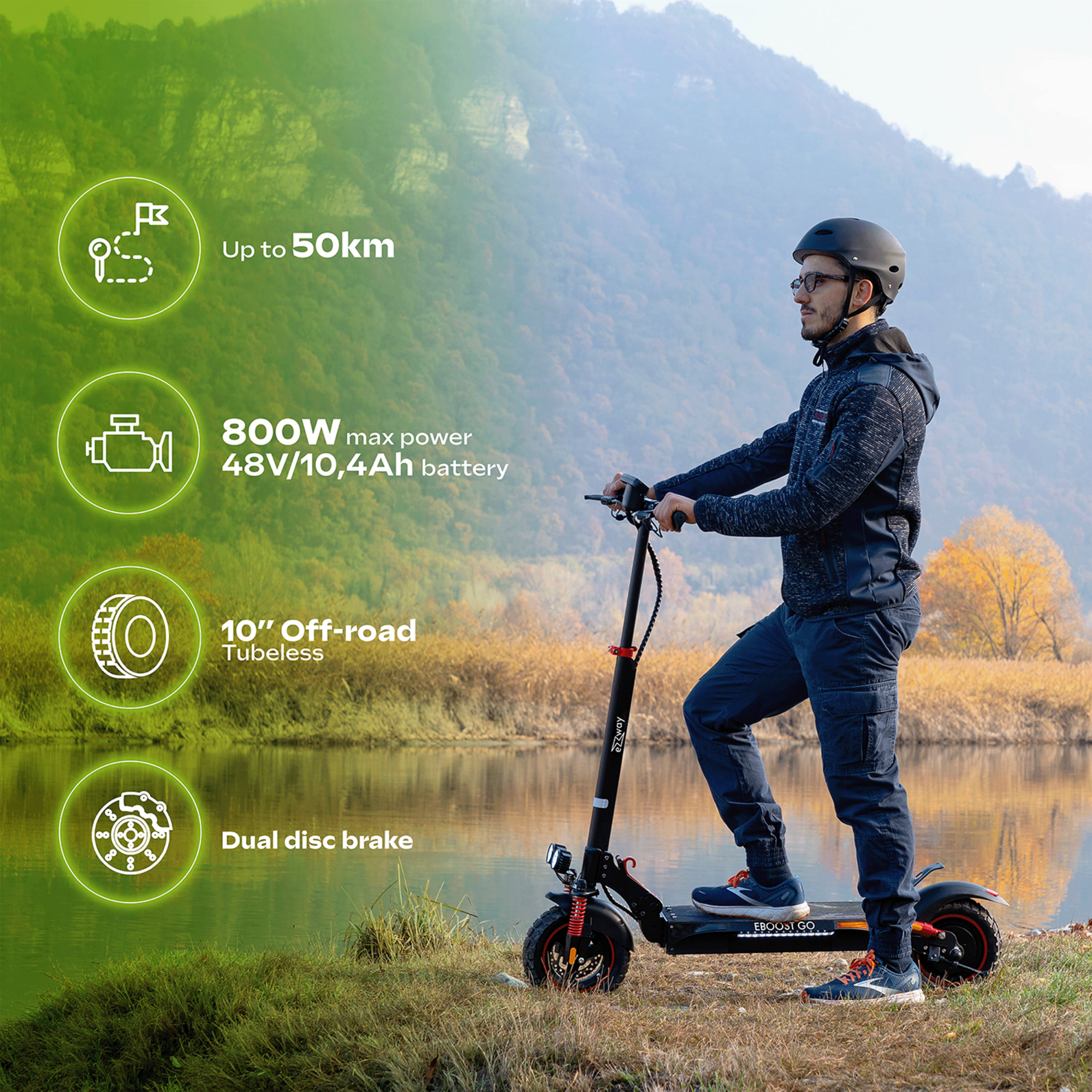 Trottinette Électrique Adulte  EBOOST GO –  Moteur 1200W -  Autonomie Jusqu'a 50 km - Pneu Cross 10" Tubeless - Batterie 54V/10Ah - Poids 23Kg