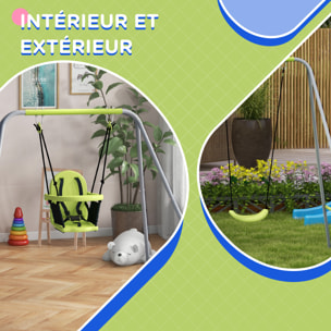 Portique balançoire évolutive - siège haut, accoudoirs, ceinture sécurité 5 points, barre protection - métal époxy gris vert