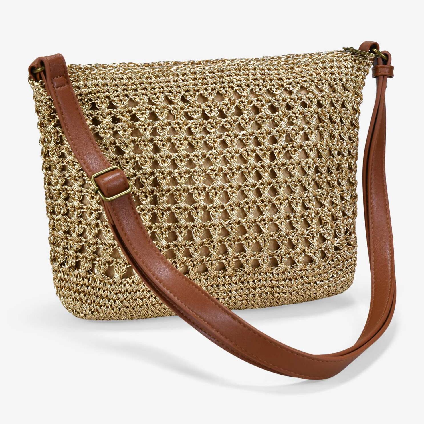 Bolso bandolera dorado en rafia con flor