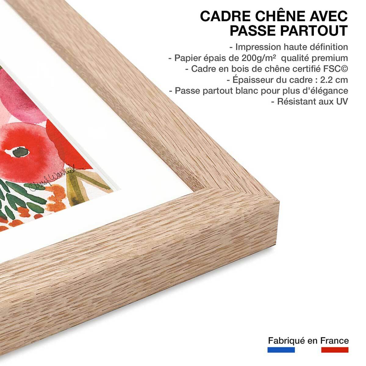 Poster fleurs pivoine Affiche + cadre en bois - Chêne