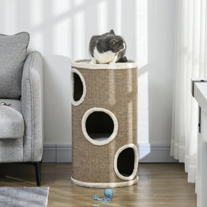 Arbre à chat cylindrique - tour à griffer pour chat - tonneau griffoir - 3 niveaux + plateforme - sisal peluche brun clair