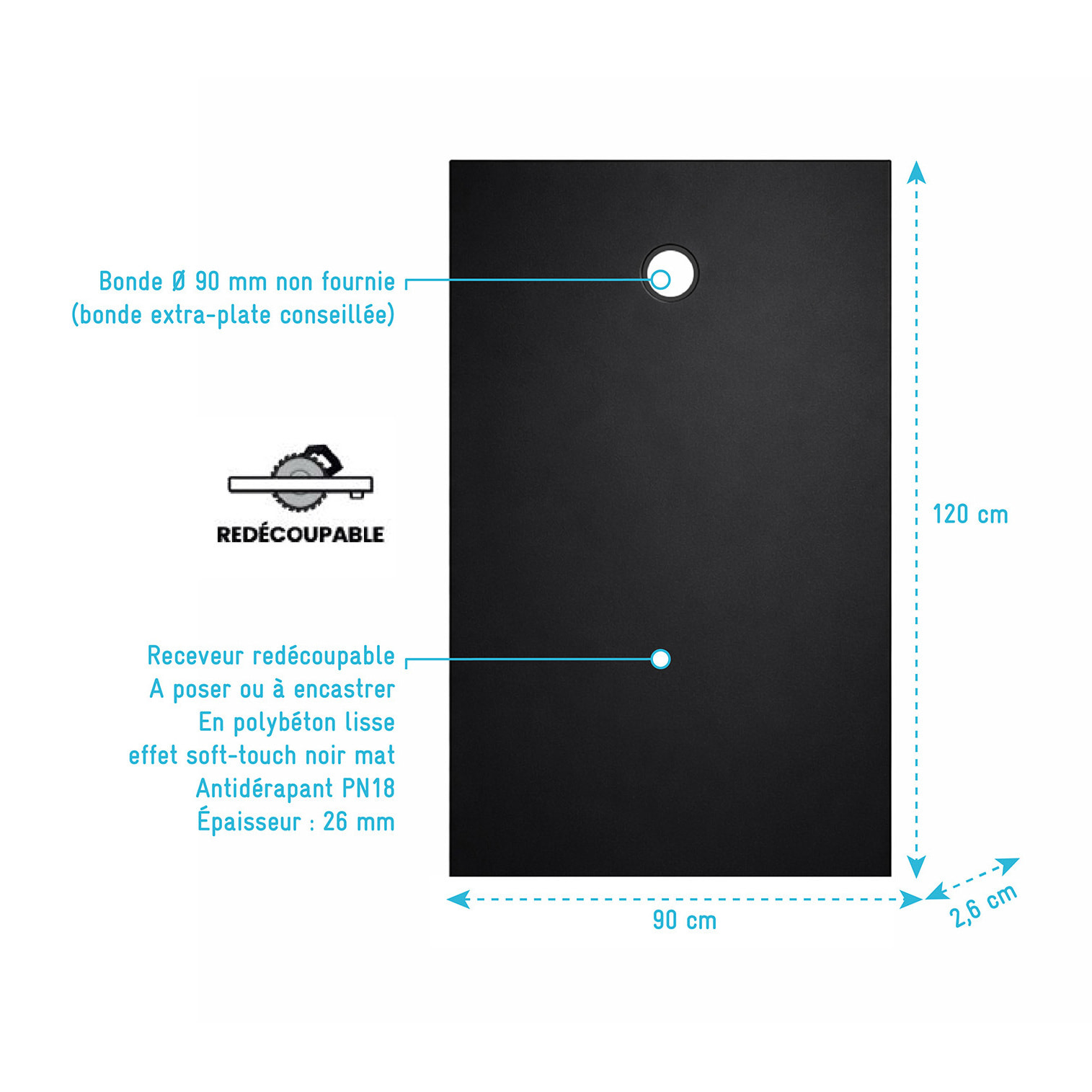 Receveur 120x90x2.6cm Extra-plat en Polybéton Noir Mat Effet Soft-touch - Redécoupable - NELSON