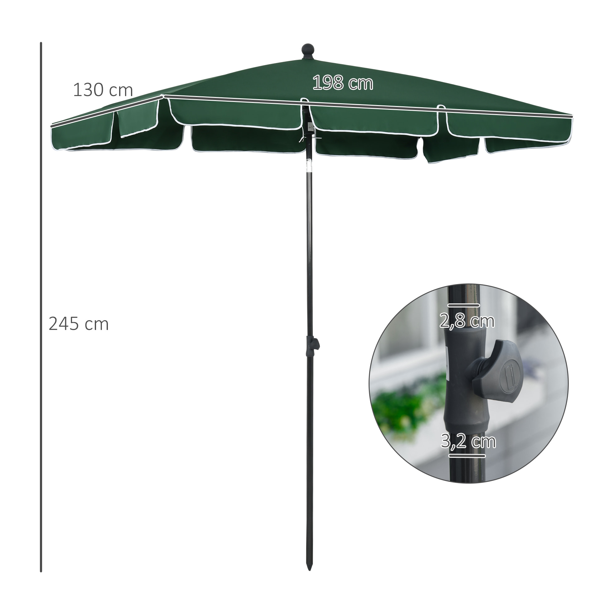 Sombrilla Rectangular de Jardín 198x130x240 cm Parasol de Aluminio con Función de Inclinación para Terraza Patio Exterior Verde