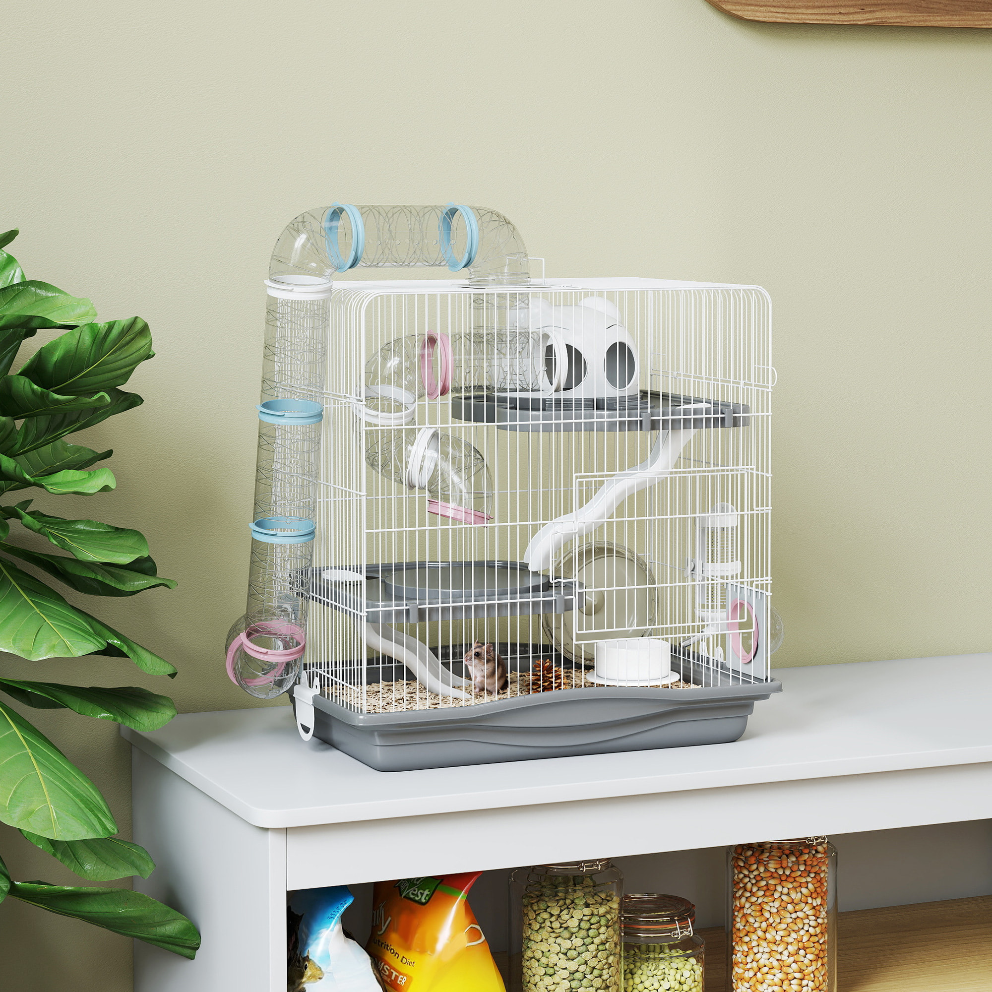 Jaula para Hámster, 45x30x45 cm, Casa para Animales Pequeños con Túnel, Plataformas, Cuenco, Bebedero, Casita, Rampas y Rueda de Ejercicio, para Hámsteres Enanos, Jerbos, Gris