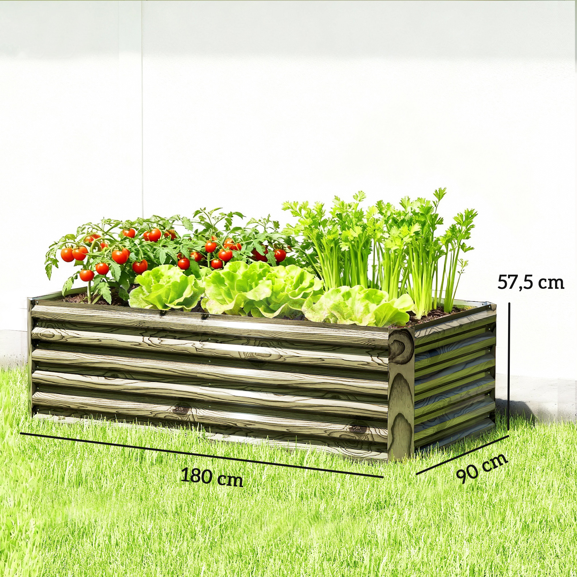 Jardinera Exterior Grande Rectangular de Acero Galvanizado, Huerto Urbano para Cultivar Plantas, Macetero Grande Exterior con Base Abierta, Resistente a la Intemperie, 180x90x57,5 cm, Natural
