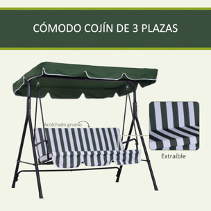 Columpio de Jardín de 3 Plazas Balancín Exterior con Techo Ajustable y Marco de Acero para Balcón Terraza Patio Carga 200 kg 172x110x153 cm Verde