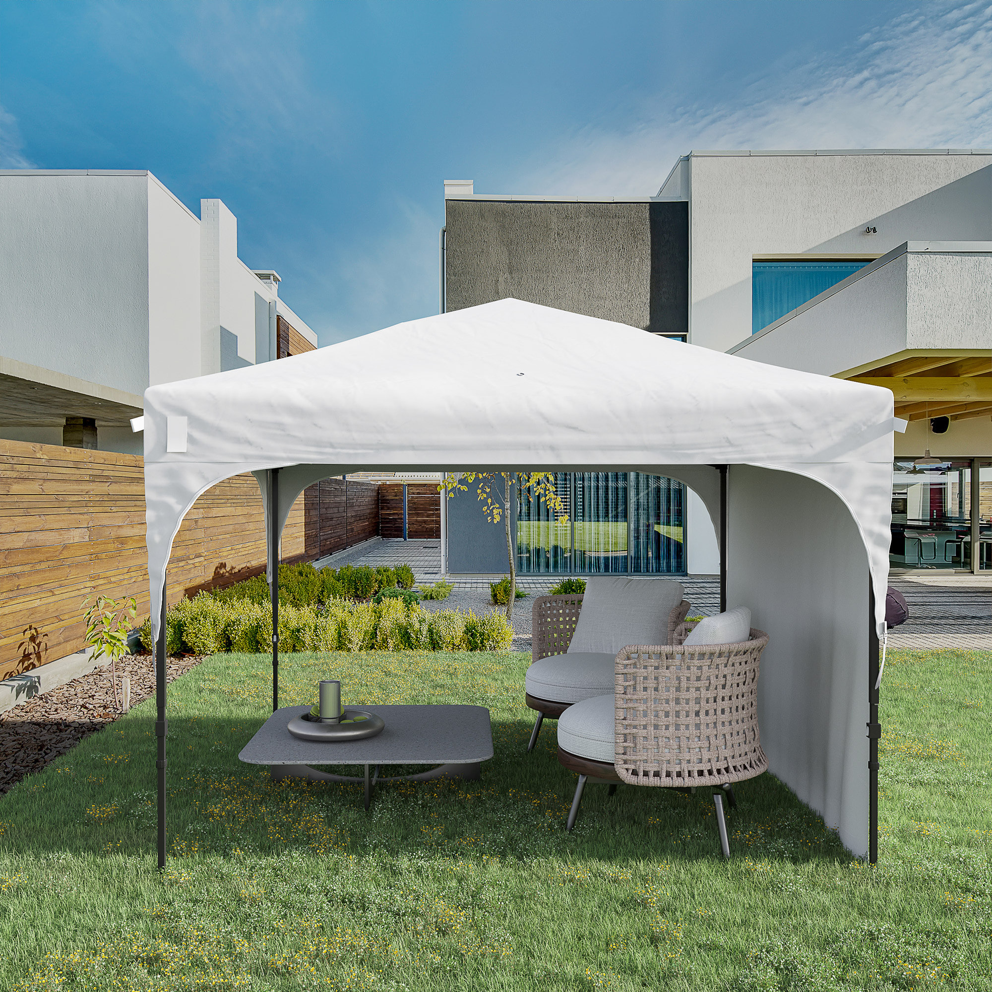 Carpa Plegable 3x3 m Altura Ajustable Cenador de Jardín con Lateral Desmontable Techo de Ventilación 4 Sacos de Arena y Bolsa de Transporte para Camping Fiestas Blanco