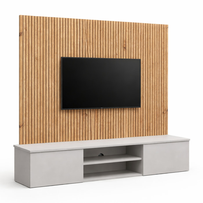 Parete Attrezzata Moderna Con Pannello Listellato Per Tv Mobile 2 Ante Ribalta E Un Vano A Giorno 200 x 35 x 148 Cm Grigio E Rovere