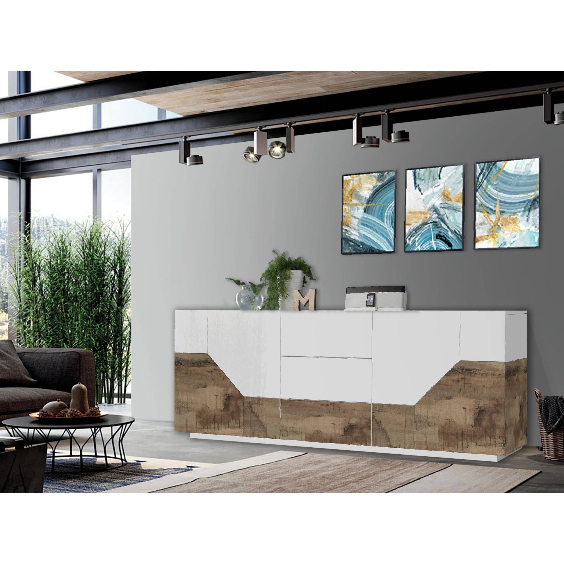 Credenza moderna a 4 ante geometriche e 3 cassetti, Made in Italy, Madia da cucina, Buffet di design da soggiorno, Cm 220x43h86, Bianco lucido e Acero