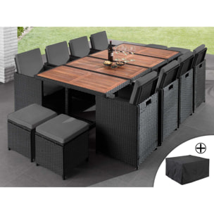 Cuba - Salon de jardin encastrable 12 places - en résine tressée - Noir avec coussins gris + housse de protection - Noir / Gris
