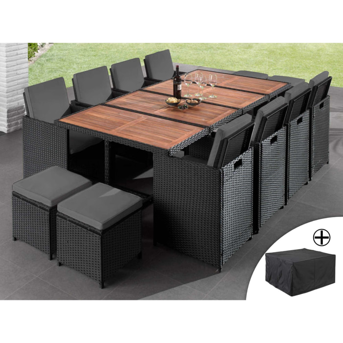 Cuba - Salon de jardin encastrable 12 places - en résine tressée - Noir avec coussins gris + housse de protection - Noir / Gris