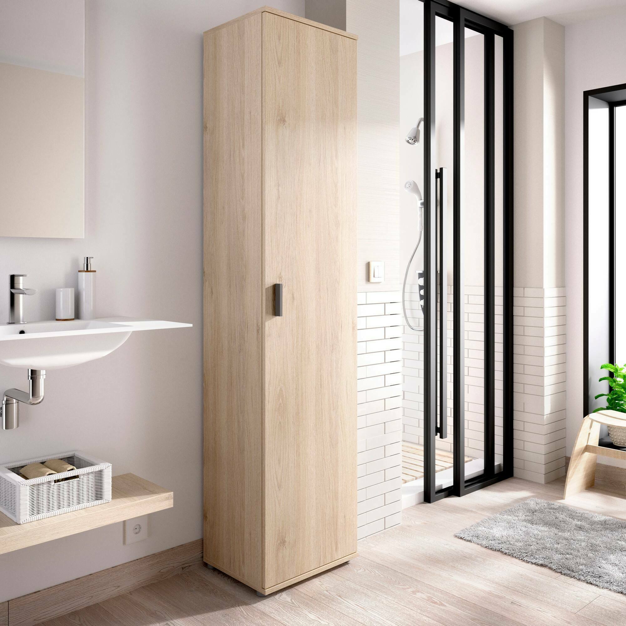 Colonna bagno Lagalb, Mobile pensile bagno, Armadio alto multiuso a 1 anta, 39x35h190 cm, Rovere