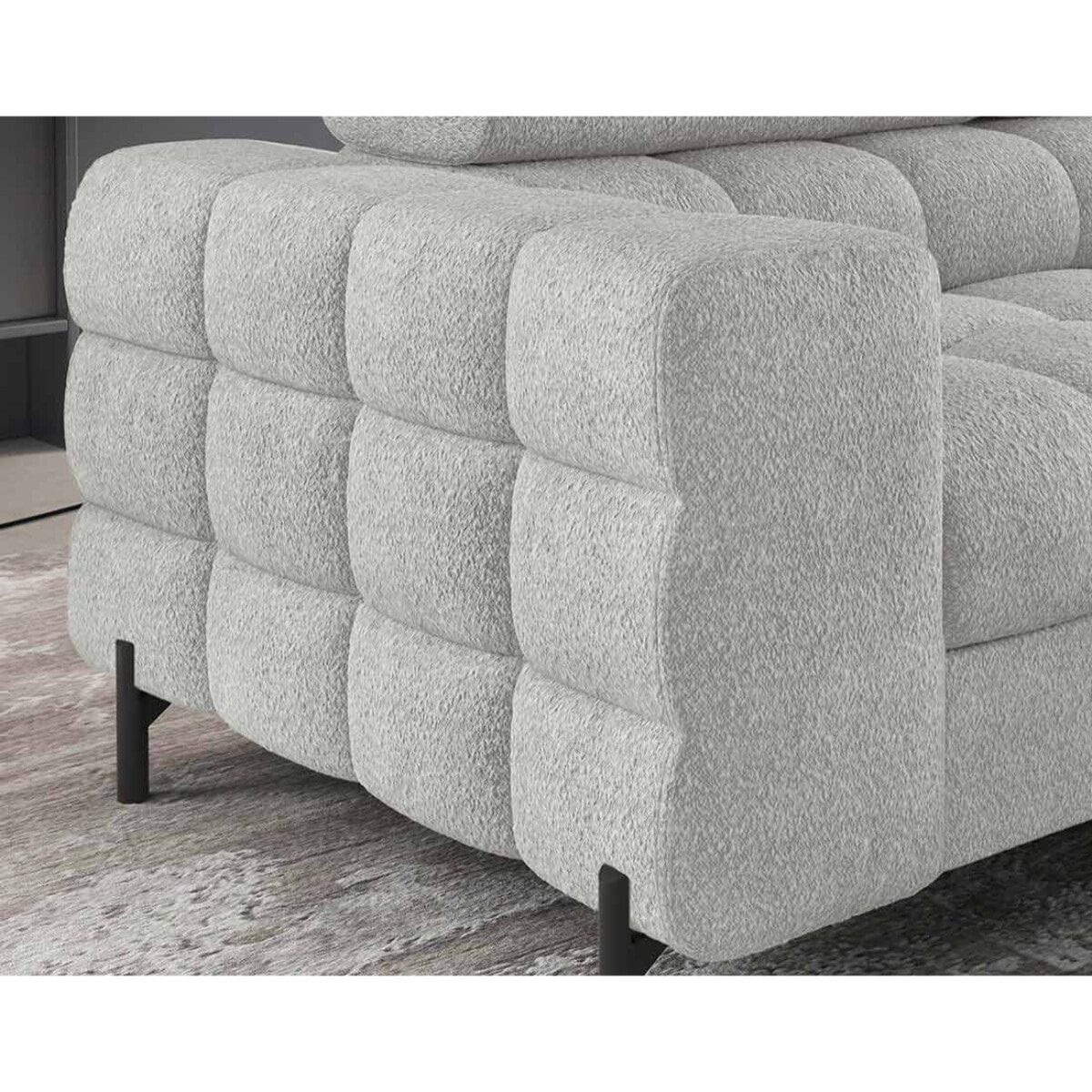 Elisa - canapé d'angle droit 5 places convertible avec coffre et têtières réglables en tissu bouclette - Gris clair