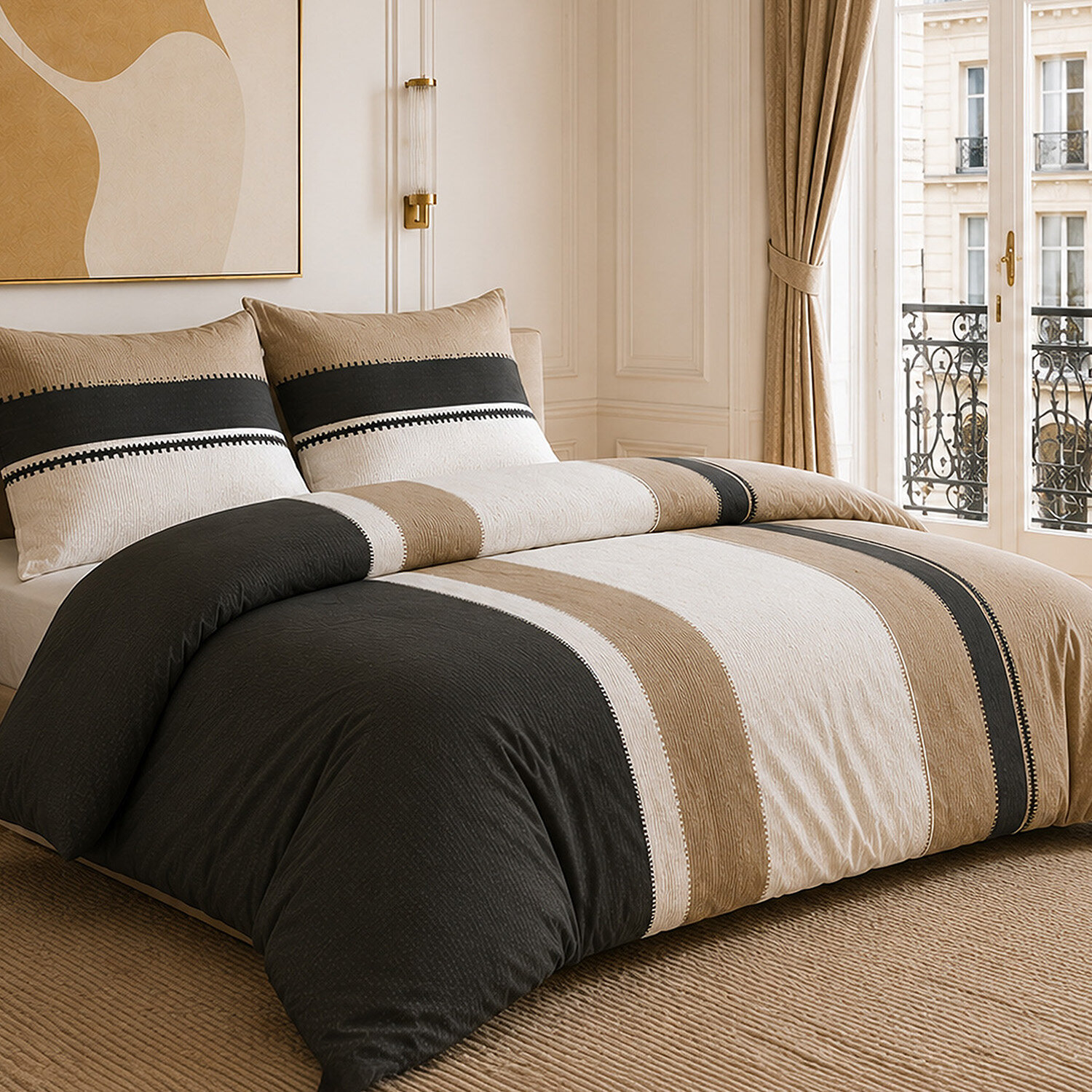 Parure housse de couette 100% percale de coton rayures verticales - SAHEL