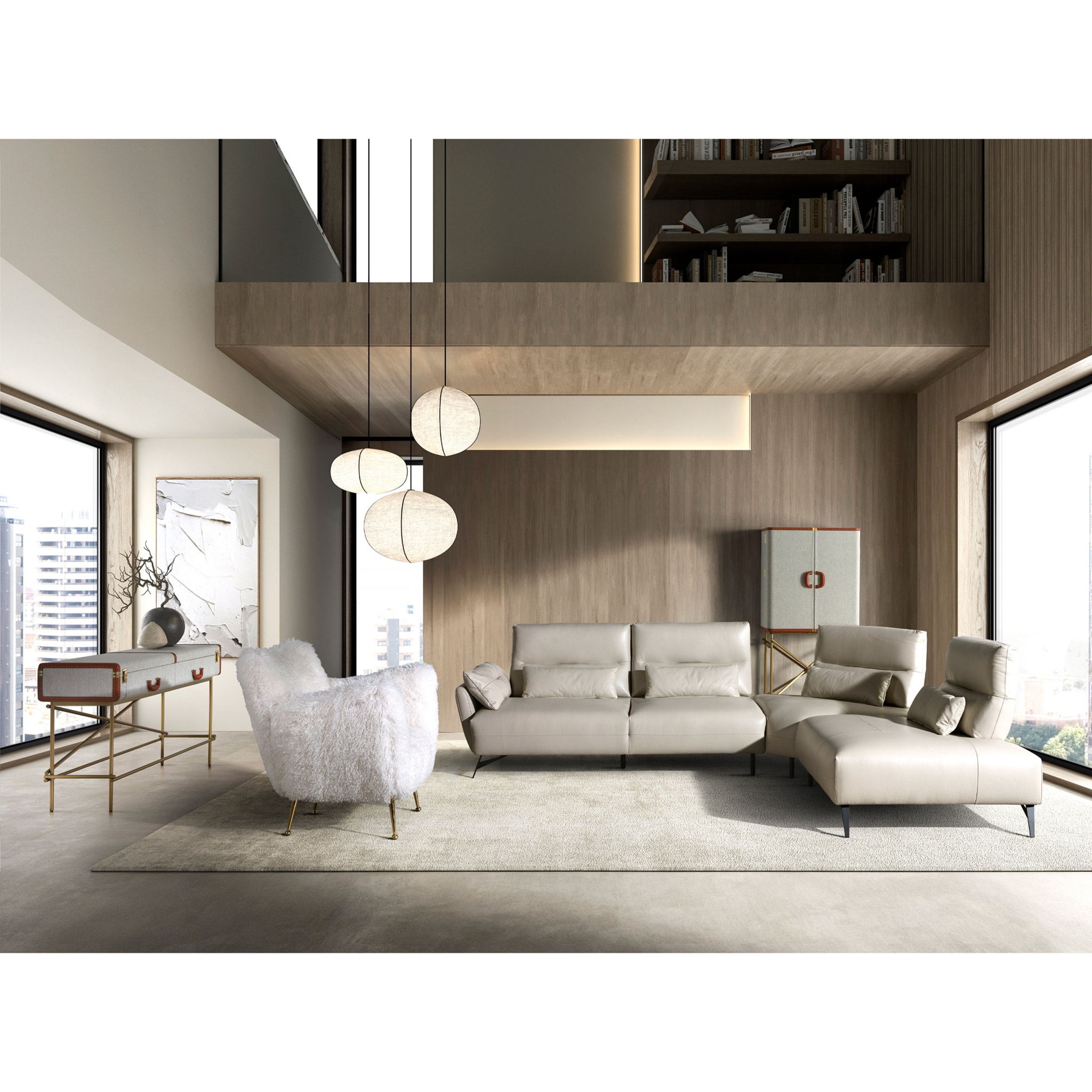 Sofá chaise longue Angel Cerdá derecha de 5 plazas tapizado en piel de origen vacuno en arena patas de acero inoxidable en negro 341x254x94cm