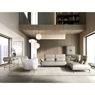 Sofá chaise longue Angel Cerdá derecha de 5 plazas tapizado en piel de origen vacuno en arena patas de acero inoxidable en negro 341x254x94cm