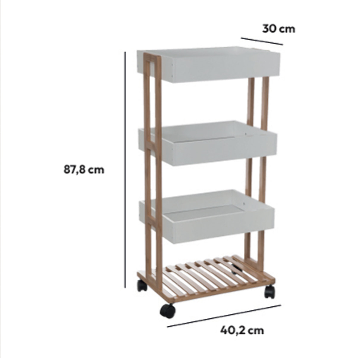 Desserte 4 niveaux à roulettes Bambou blanc Naturéo