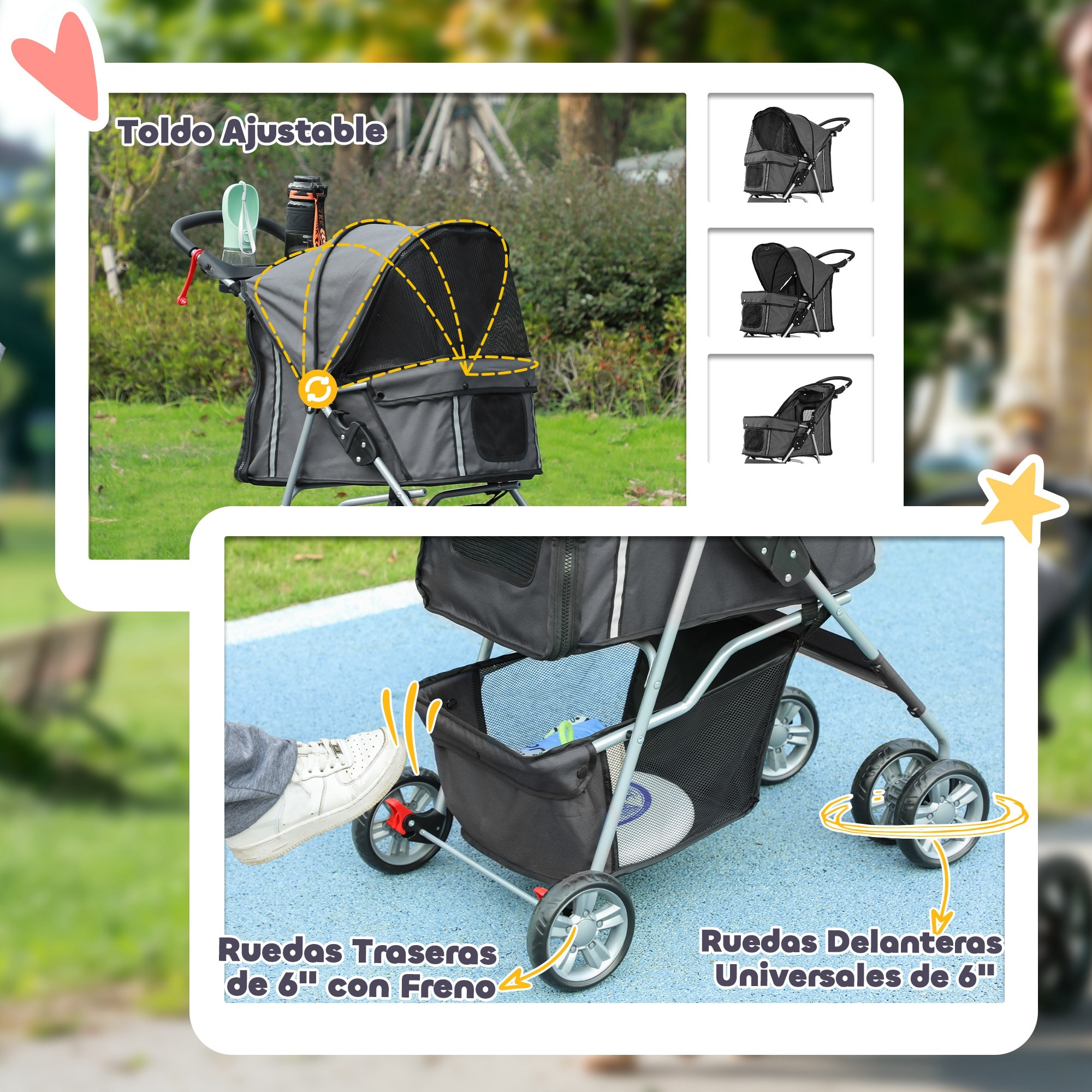Carrito para Perros Plegable Cochecito para Mascotas Carrito para Perros Pequeños con Toldo Ajustable Cesta de Almacenaje Ventanas de Malla Portavasos y Ruedas 75x45x97 cm Azul Oscuro