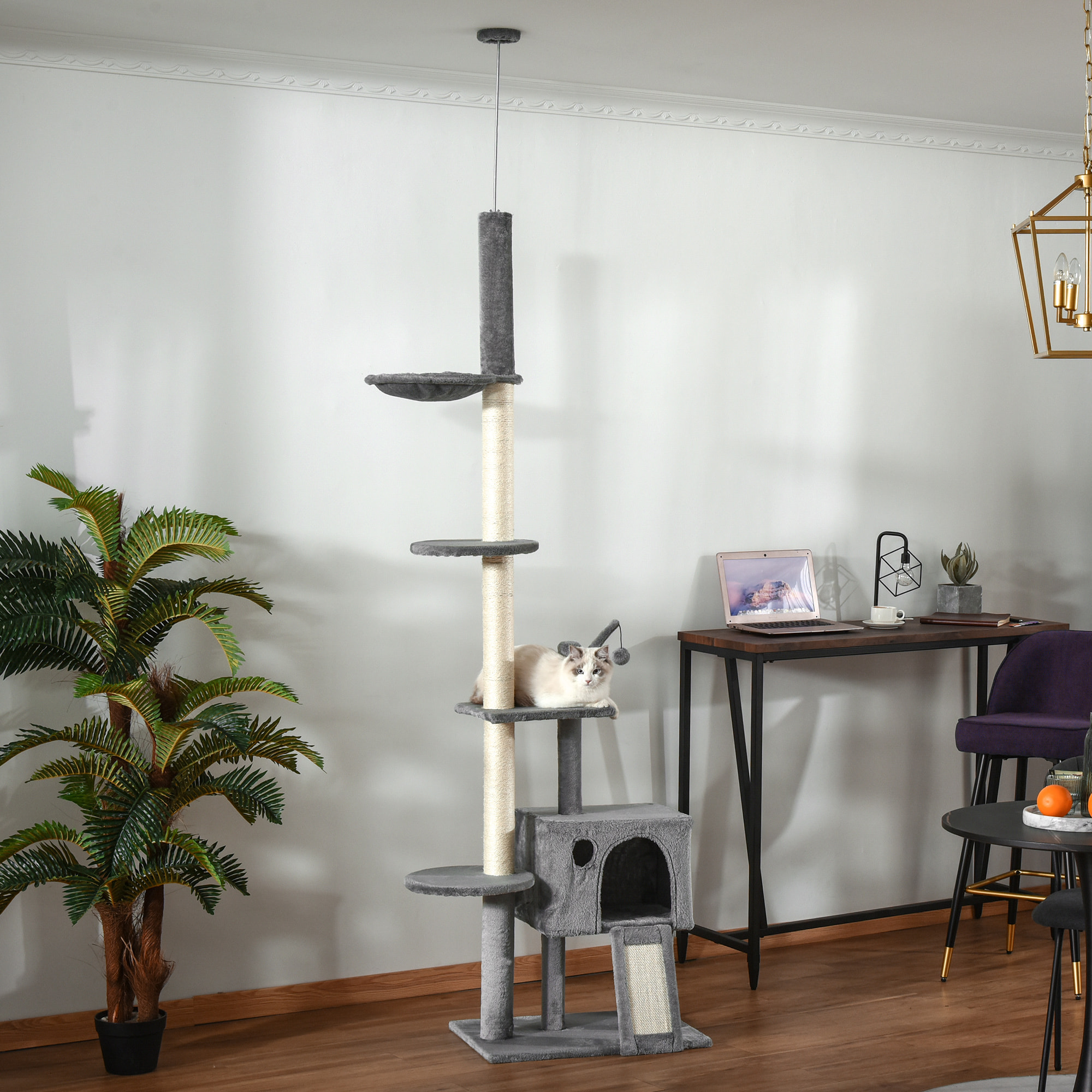 Árbol Rascador para Gatos Altura Ajustable 238-270 cm con Hamaca Cueva Gris