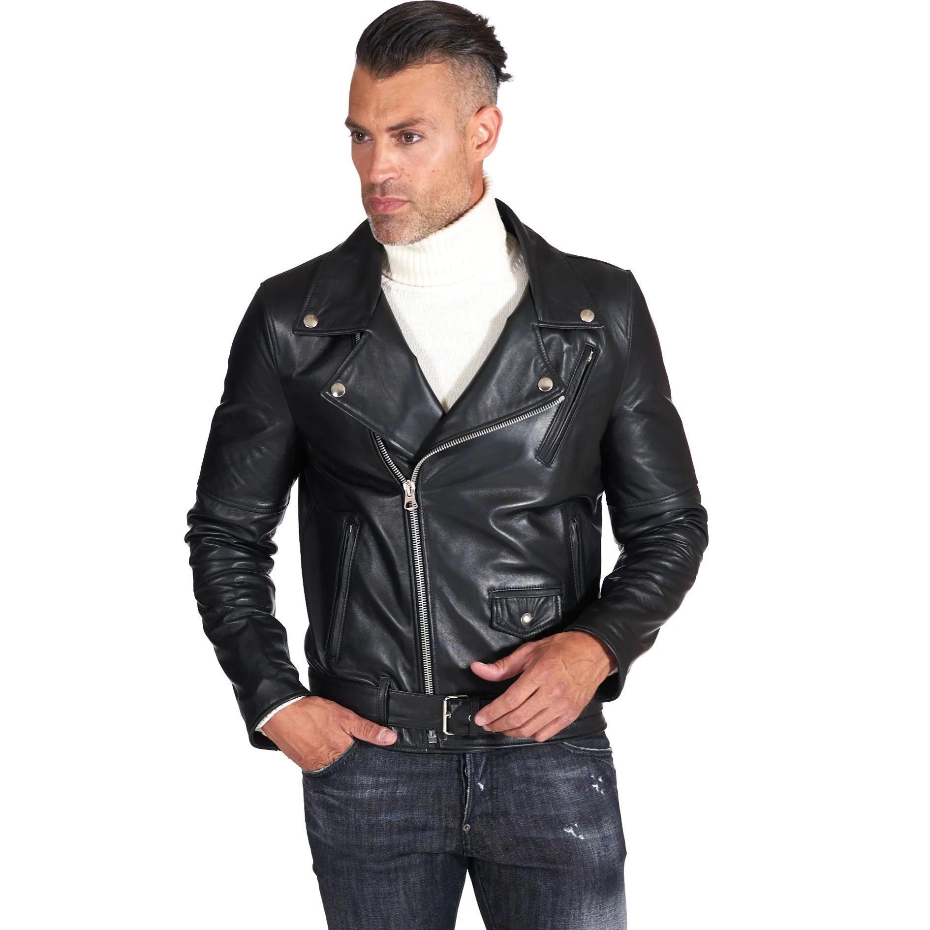 Chiodo biker in pelle nera con cintura nappa effetto liscio