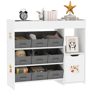 Etagère de rangement enfant pour jouets et livres - 9 boîtes amovibles tissu non-tissé gris - porte, niche, 2 compartiments