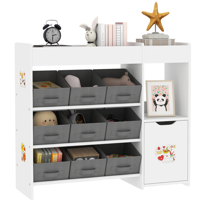 Etagère de rangement enfant pour jouets et livres - 9 boîtes amovibles tissu non-tissé gris - porte, niche, 2 compartiments