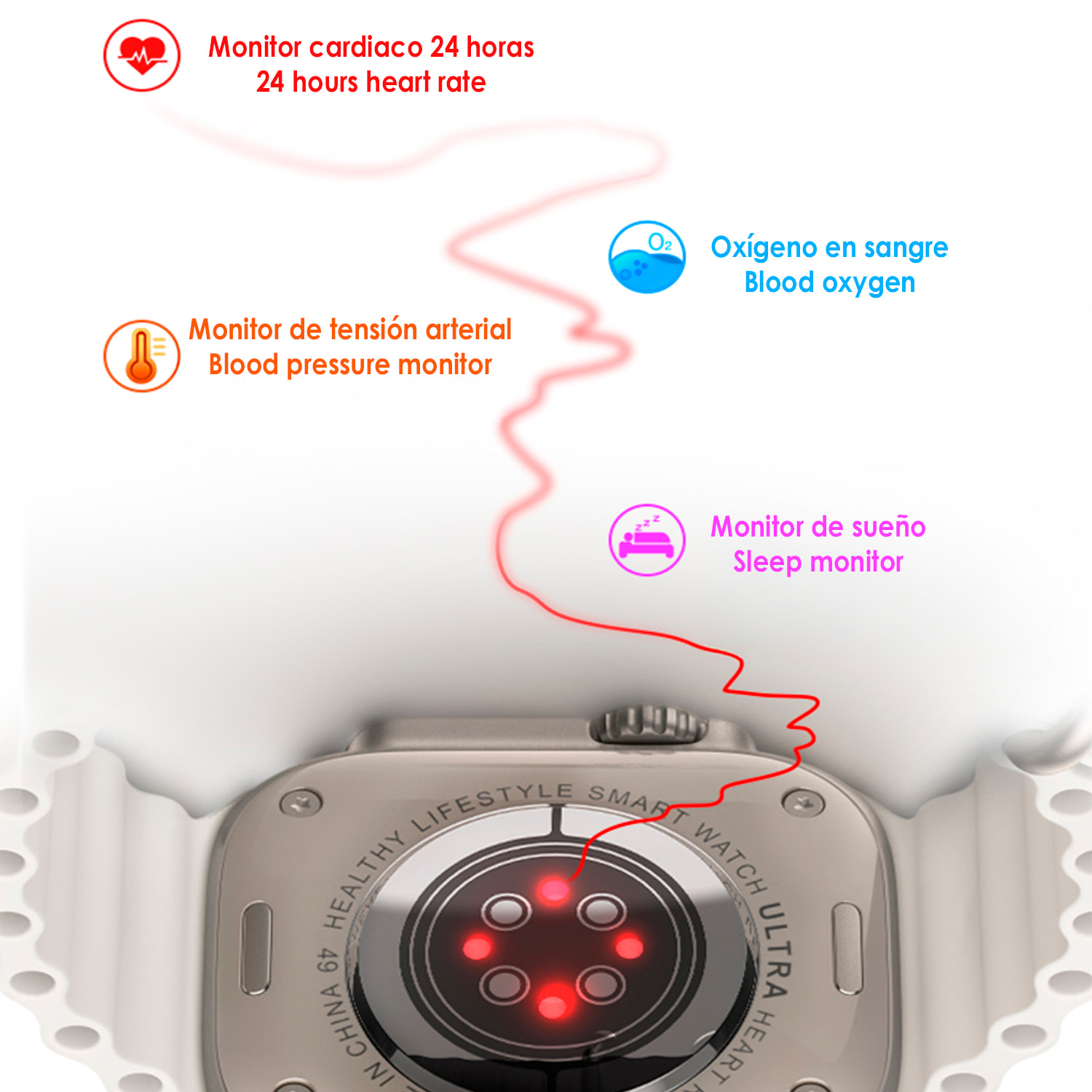 Smartwatch T500 Ultra, aviso de notificaciones, teclado de llamada bluetooth, modos de deporte y monitor cardiaco.