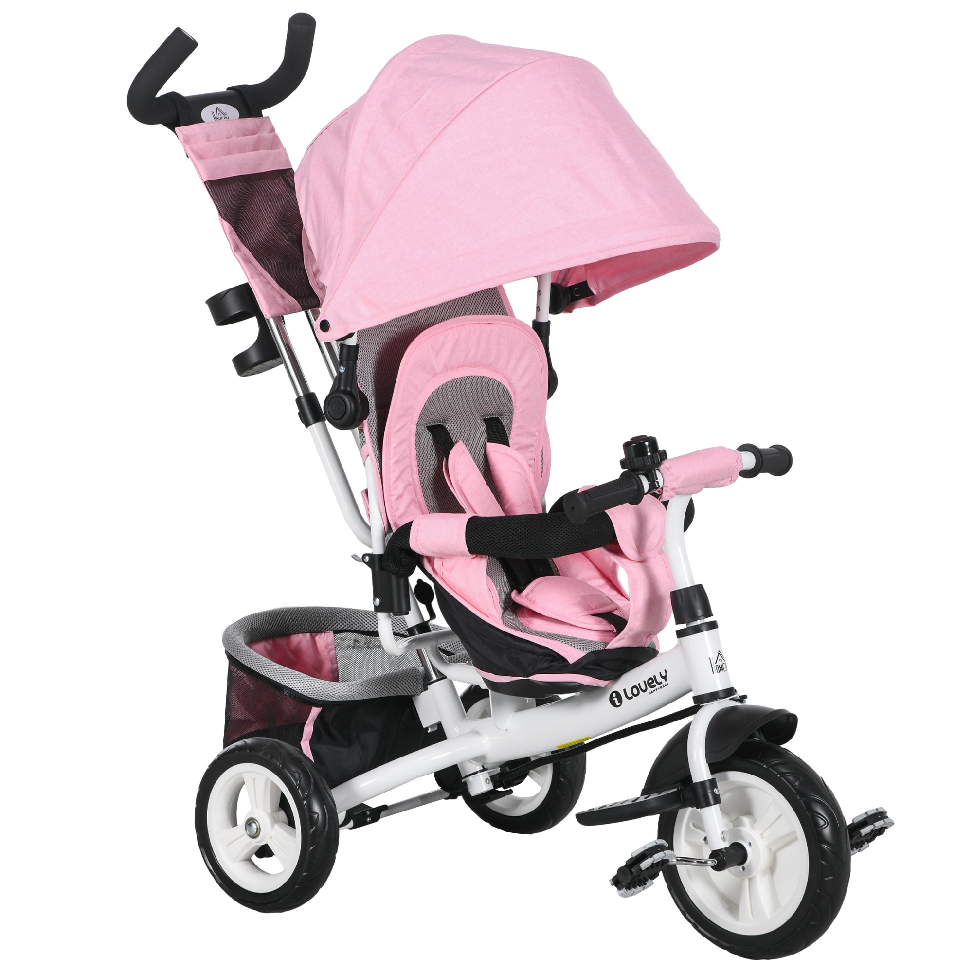 Triciclo para Bebés Triciclo Evolutivo para Niños con Toldo Plegable Mango de Empuje Telescópico y Desmontable Bolso para Mamá y Portabotellas 102x49x102 cm Rosa