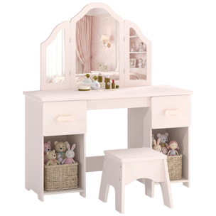 Tocador para Niñas, Tocador de Maquillaje Niñas, 2 en 1, Escritorio, con Taburete, 3 Espejos Desmontables, 2 Cajones, 2 Armarios, 6 Accesorios, a Partir de 3 Años, Rosa