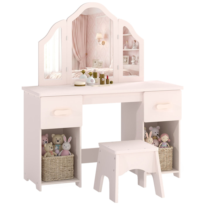Tocador para Niñas, Tocador de Maquillaje Niñas, 2 en 1, Escritorio, con Taburete, 3 Espejos Desmontables, 2 Cajones, 2 Armarios, 6 Accesorios, a Partir de 3 Años, Rosa
