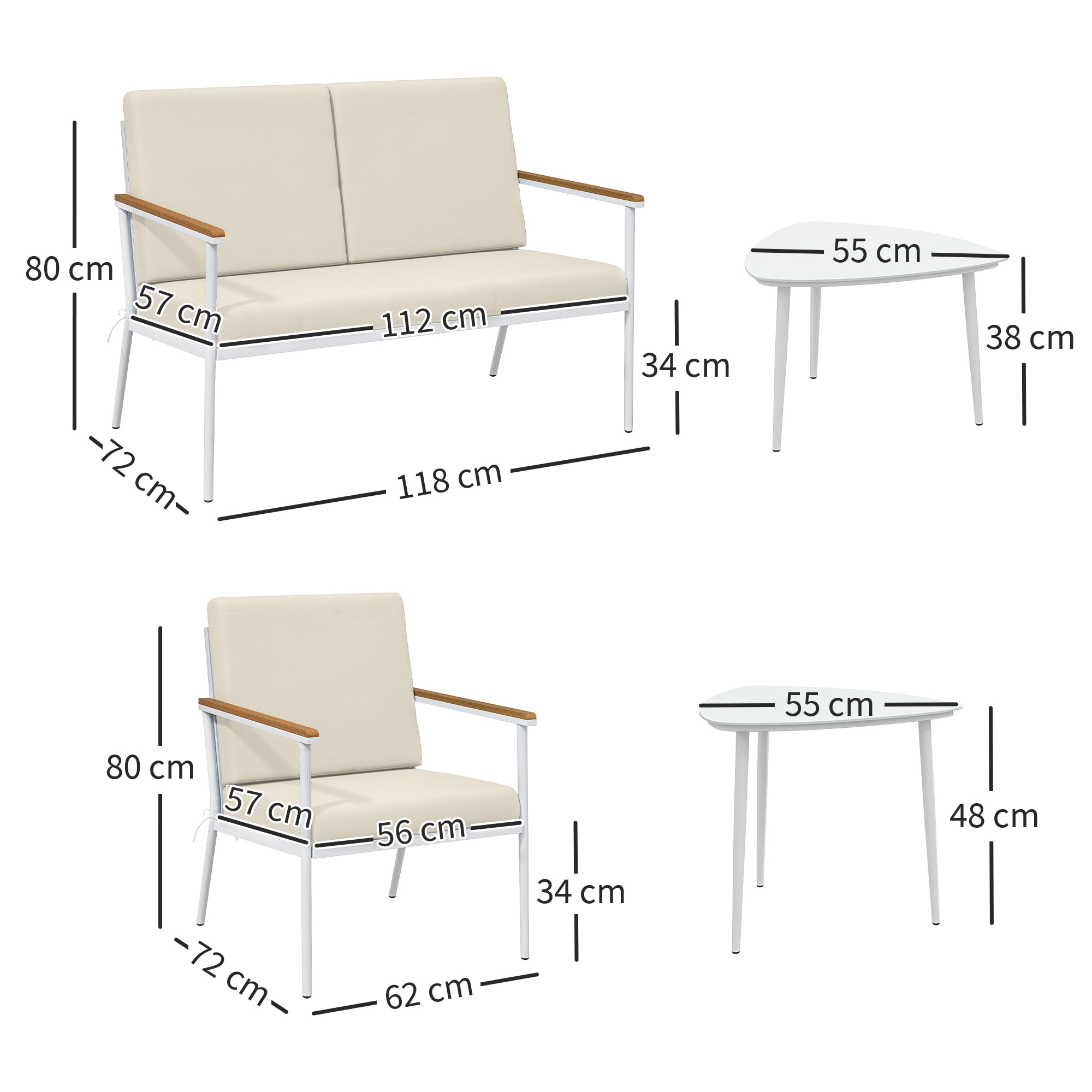 Conjunto de Jardín Exterior 5 Piezas Muebles Jardín Exterior con 1 Sofá de 2 Plazas 2 Sillones y 2 Mesas de Centro con Tablero de Vidrio Templado Cojines Lavables Beige